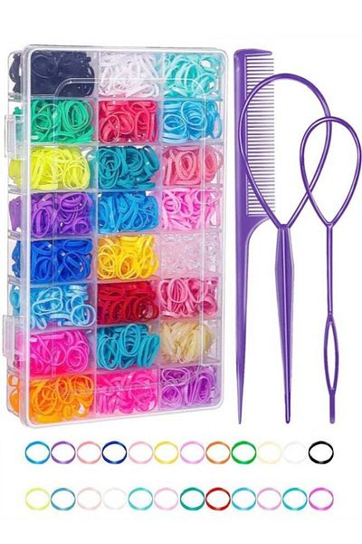 Generic Children's Hair Ties with Styling Tools - 2000pcs Elastic Hair Ties with Organizing Box, Rubber Hair