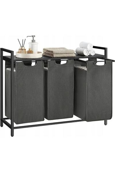 Leobert Bathroom Shelf with Laundry Baskets, Artool, MDF Shelf, Steel Frame, 3 Compartments, Black and Gray,