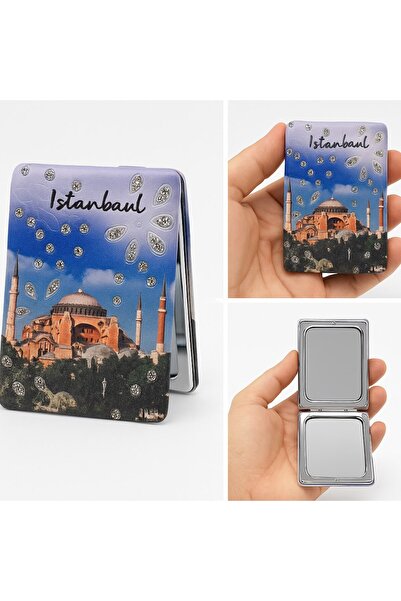 BiTon Toptan İstanbul Temalı Simli Büyüteçli Pratik Mini Cep Çanta Makyaj Aynası