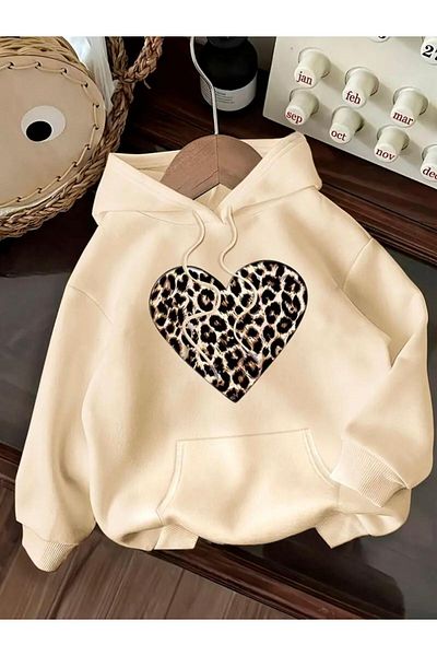 FUFLUNS Oversize Unisex Hooded Sweatshirt with Leopard Heart Print
