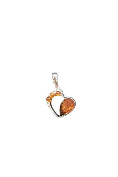 OEN Silver pendant with cognac brown amber, heart pattern, length 2.5 cm