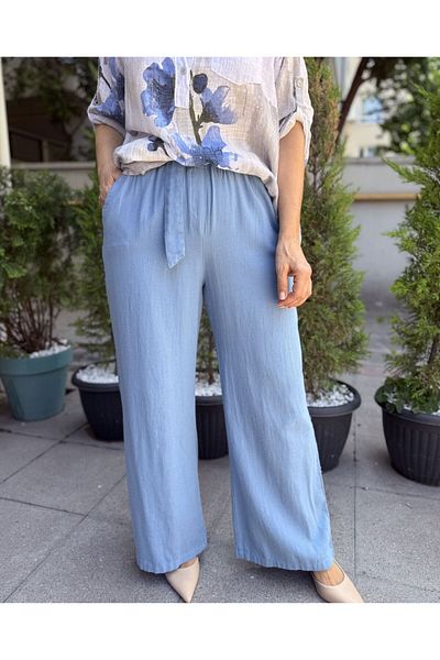 DenizEge Belted Cotton Trousers Denim Blue