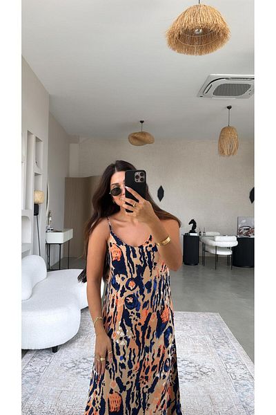 Buket Teke Nude Patterned Strap Viscose Dress