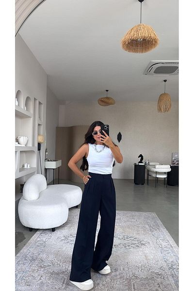 Buket Teke Navy Blue Classic Hidden Button Wide Leg Fabric Trousers