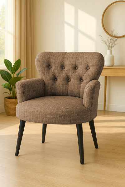 Azra Mobilya Kahverengi Keten Kumaş Tekli Koltuk Berjer - Cafe Koltuğu - Bekleme Koltuğu - Siyah Ayak