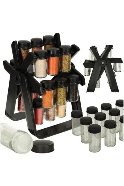 Avex Spice Organizer with 18 Containers and Rotating Stand for Kitchen, Black