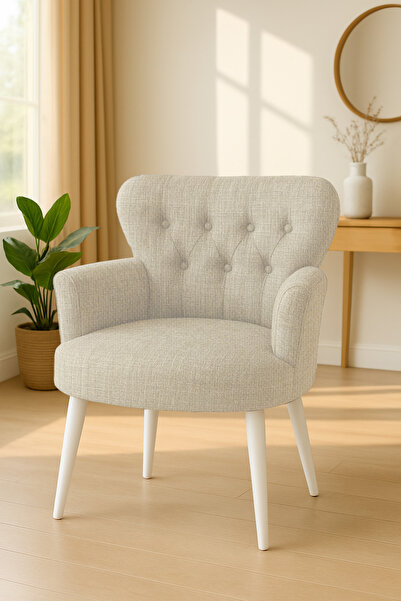 Azra Mobilya Krem Keten Kumaş Tekli Koltuk Berjer - Cafe Koltuğu - Bekleme Koltuğu - Beyaz Ayak