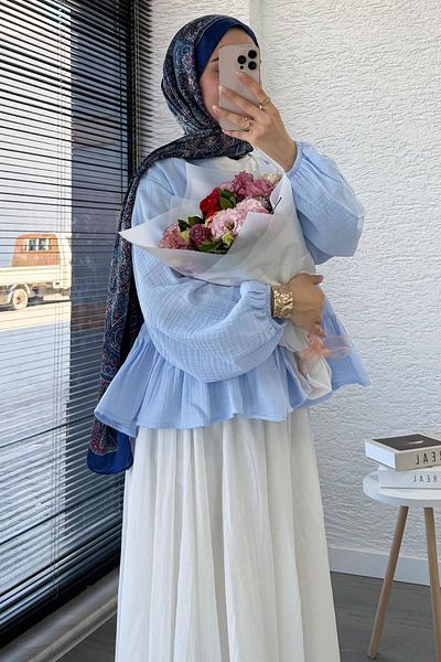 MELEK ARAZ Six Ruffle Detail Front Tie Muslin Kimono - Blue