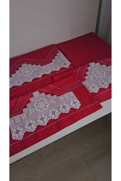 ZESA HOME Handcrafted Lace and Ribbed Piccolo Dowry Bedding Set - Red
