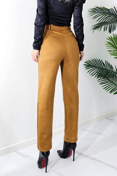 FashionForYou Silkwood women's suede-look trousers, high waist and relaxed fit, Brown, M