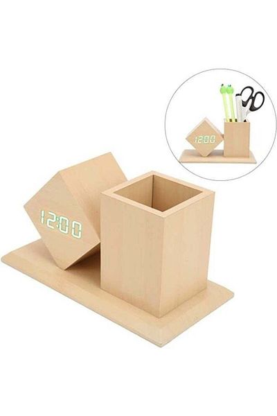Generic Wooden pen holder digital LED Clock with Alarm and Temperature