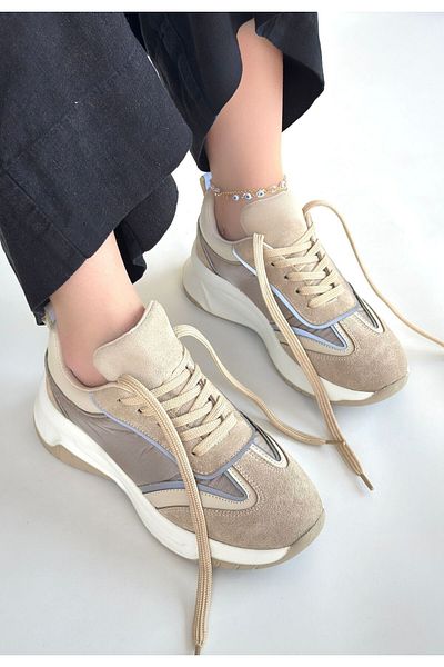 pabucmarketi Beige Suede Lace-Up Women's Sneakers