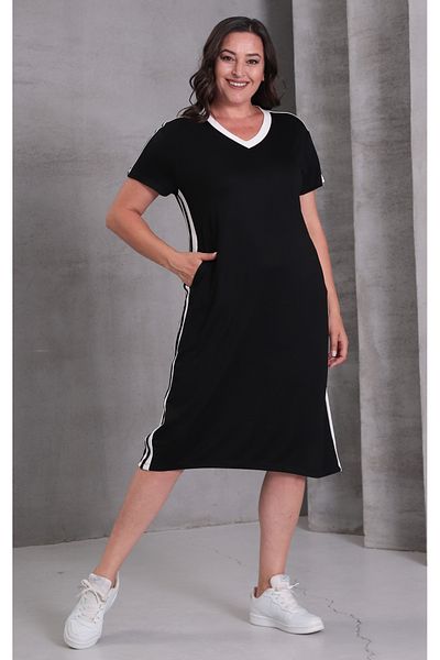Şans Women's Plus Size Black-White, V-Neck, Piping Detail Midi Dress with Pockets 65N39083