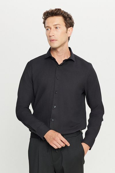 AC&Co / Altınyıldız Classics Men's Black Tailored Slim Fit Slim Fit Small Italian Collar Dobby Oxford Shirt