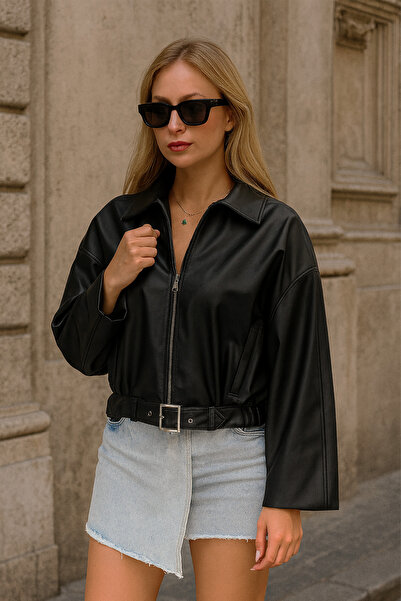 MANMARK Jachetă din piele neagră supradimensionat Crop croială pentru femei –...