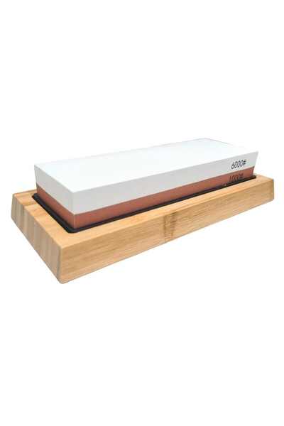 SDX Market Knife sharpening stone with 2 grits, 1000 / 6000, 205 mm x 55mm, with bamboo holder
