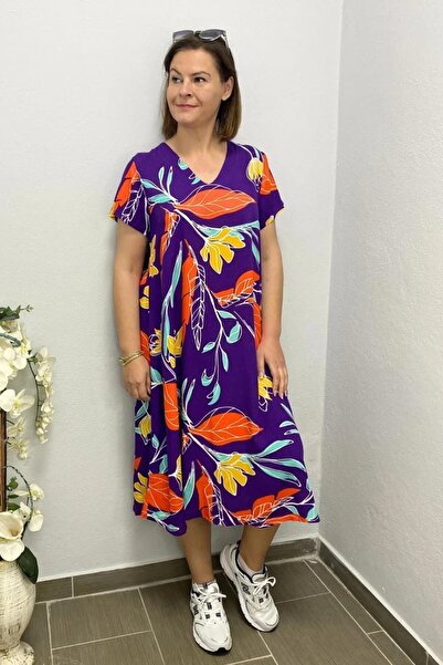 Mia Butik Women's Purple Orange Floral Patterned Dress