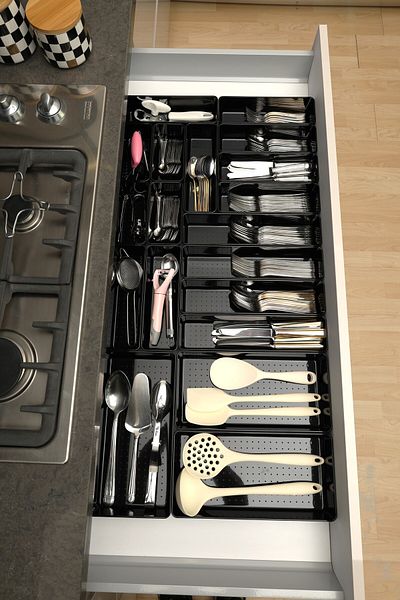 color house Glossy Black (Piano Black) Set of 19 Modular Drawer Cutlery Organizer Organizer