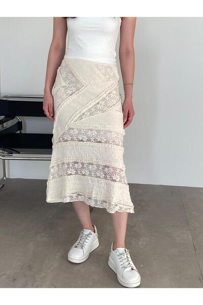Bade Butik Krem Dantel Detaylı Transparan Etek