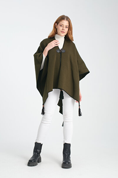 T Crazy T-Crazy Solid Color Fisherman Stitching Woven Knitwear Poncho, Button Detailed Tassel Women's Outerwear Poncho