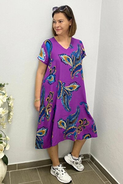 Mia Butik Women's Purple Leaf Patterned Dress