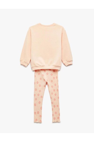 Koton Baby Girls Cotton Crew Neck Long Sleeve Sweatshirt and Ribbed Floral Printed Leggings Set (Aw 25)