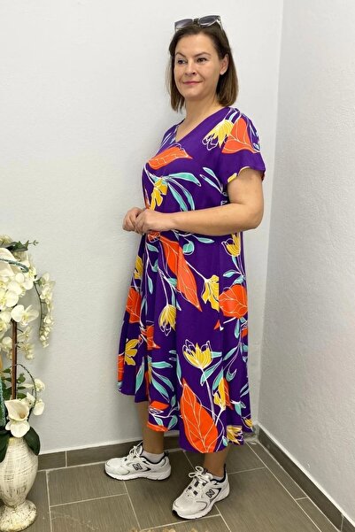 Mia Butik Women's Purple Orange Floral Patterned Dress