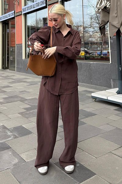 Madmext Bitter Brown Basic Women's Shirt Trousers Double Set Mg2352
