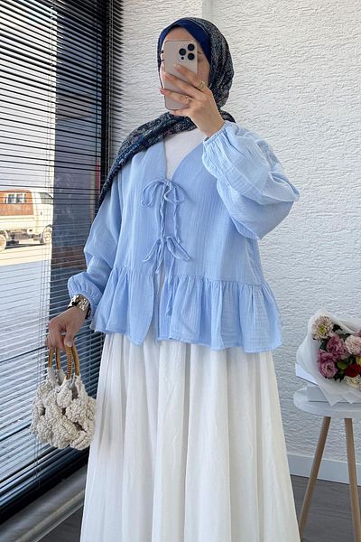 MELEK ARAZ Six Ruffle Detail Front Tie Muslin Kimono - Blue