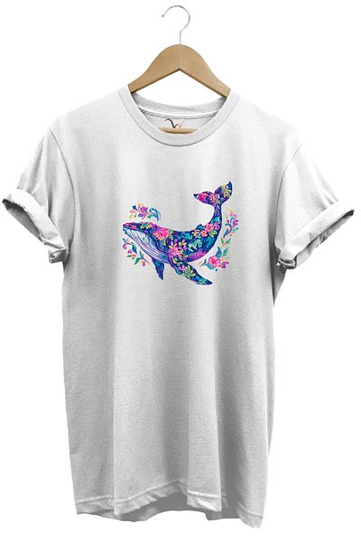 WİDİ Colorful Fish Whale Pattern Printed 100% Cotton Regular Fit Unisex T-Shirt