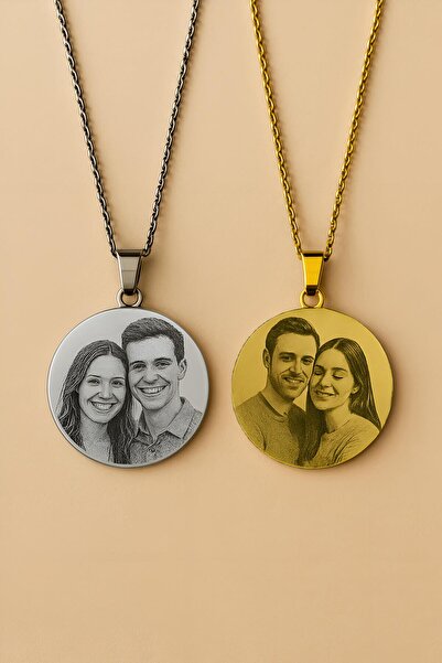 Vamoria Kişiye Özel Resimli Gold ve Gümüş Renk Çelik Madalyon Kolye (2 Adet)