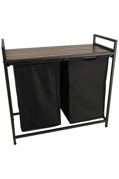 Avex Large Laundry Basket with Two Compartments, Shelf, and Wooden Top, LOFT Model, Black Color