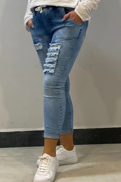 Mia Butik Women's Blue Sequin Detailed Full Lycra Jeans