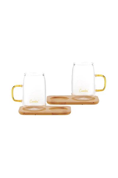 Cambu Borosilicate Mug Set with Bamboo Plate 4 Pieces