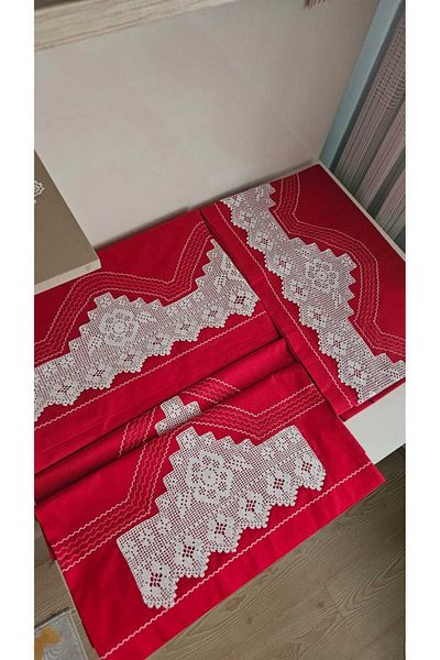 ZESA HOME Handcrafted Lace and Ribbed Piccolo Dowry Bedding Set - Red