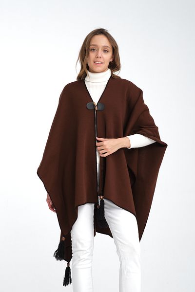 T Crazy T-Crazy Solid Color Fisherman Stitching Woven Knitwear Poncho, Button Detailed Tassel Women's Outerwear Poncho