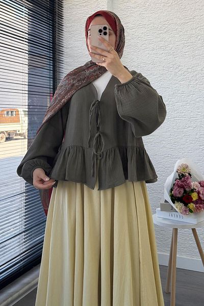 MELEK ARAZ Six Ruffle Detail Front Tie Muslin Kimono - Khaki