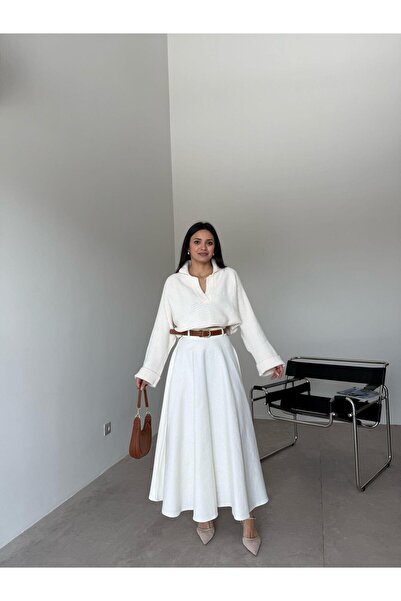 Bade Butik Fusta din Gabardină cu Curea Ecru