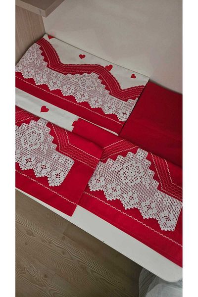 ZESA HOME Handcrafted Lace, Border and Patterned Duvet Cover Set - Red Heart