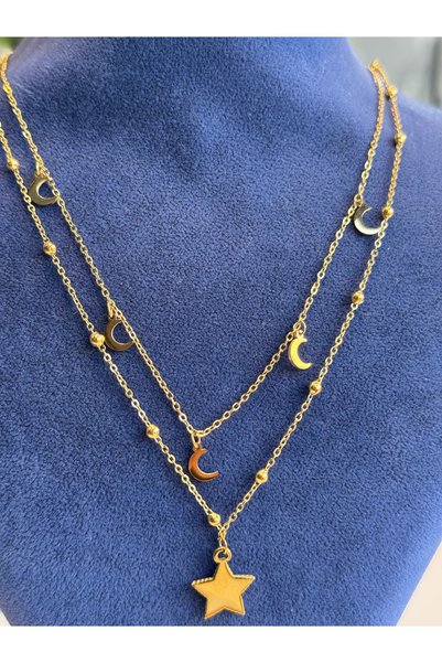 VLDORO D'Oro Gold Star and Moon Figure Steel Necklace