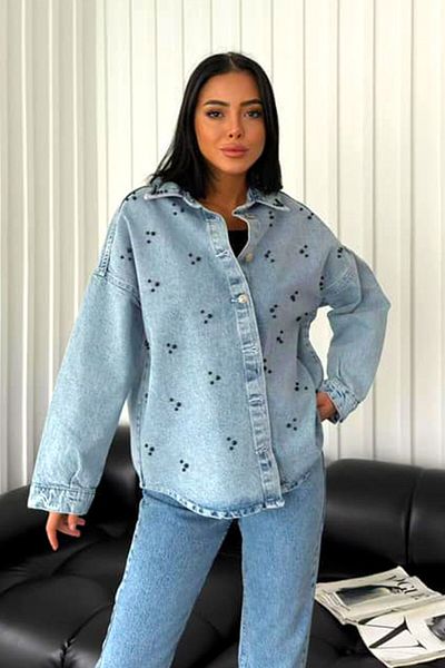 FashionForYou AnKara denim shirt, medium cut, asymmetrical and black handmade pearls, 42