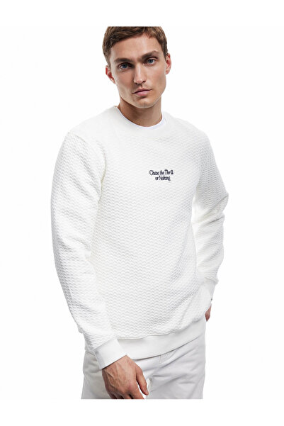 Koton Ανδρικό φούτερ με μακρυμάνικο λαιμόκοψη με υφή λευκό 6Wam70075Mk