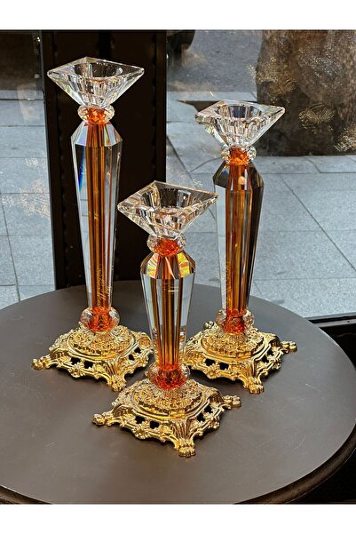 Diamond Porselen Kristal 3’lü Şamdan Seti – Bal Rengi Gövdeli & Altın Renkli ...