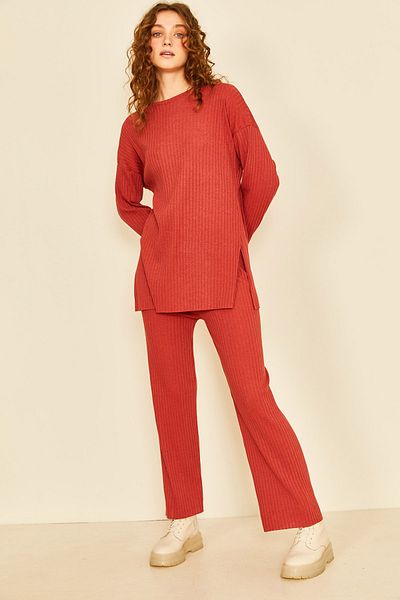 EYYE Cotton Ribbed Women's Blouse Trousers Double Set