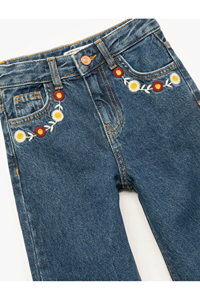 Koton Çiçek İşlemeli Geniş Paça Koyu İndigo Kız Çocuk Jean Pantolon 6Wkg40029Ad
