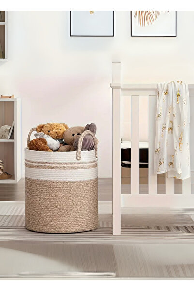 sfb Modern Design Handle Detailed Jute Laundry Dirty Basket Blanket Toy Towel...
