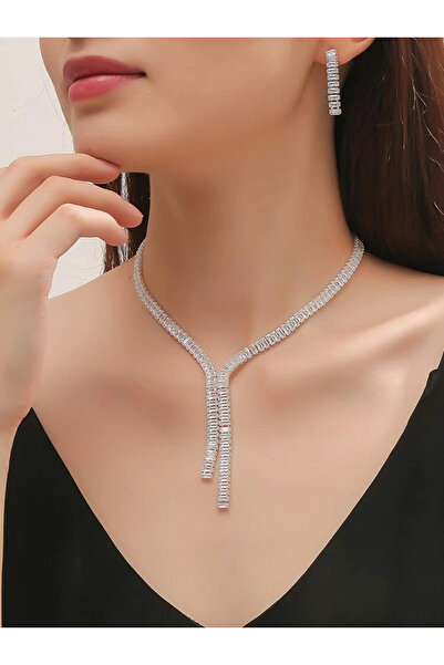 Flaner Paris Accessorize Parlak Baget Kesim Taşlı Kadın Kolye Küpe Seti – Öze...