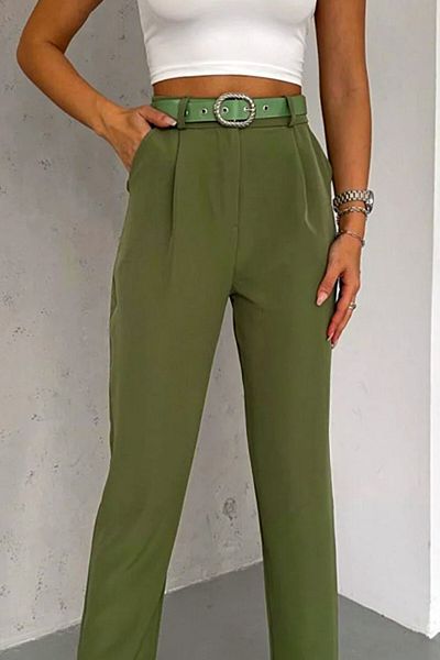 FashionForYou Malon elegant trousers, with pleats and matching belt, Green, XL