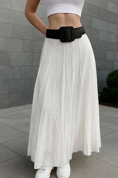 VibeGaia Women's White Wrinkled Textured High Waist Long Pleated Skirt