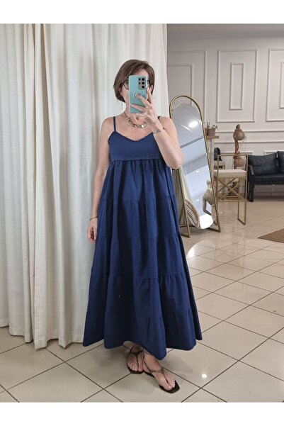 pudubutik Flounced Poplin Strap Long Navy Blue Dress